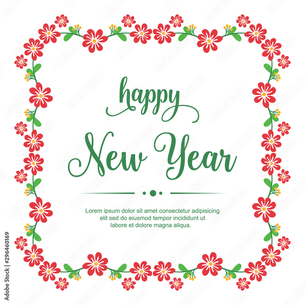 Concept of card happy new year with realistic red flower frame isolated on white background. Vector Concept of card happy new year with realistic red flower frame isolated on white background. Vector