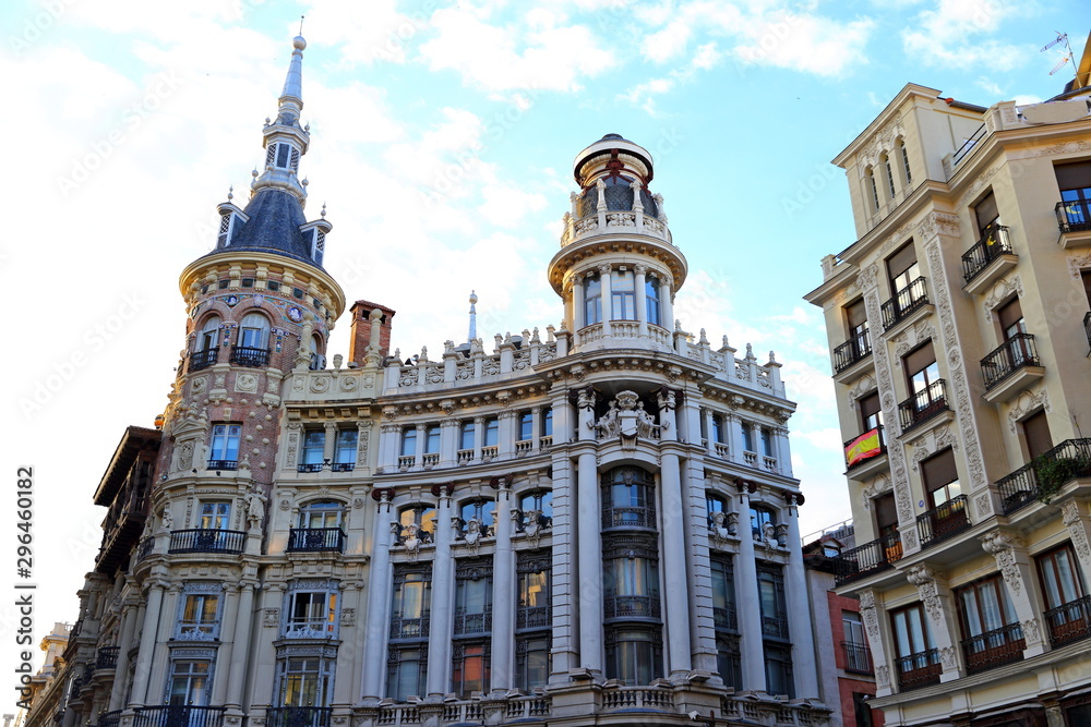 Ornate Facade of typical residence/ commercial Buildings and streets in City of Madrid, Spain
