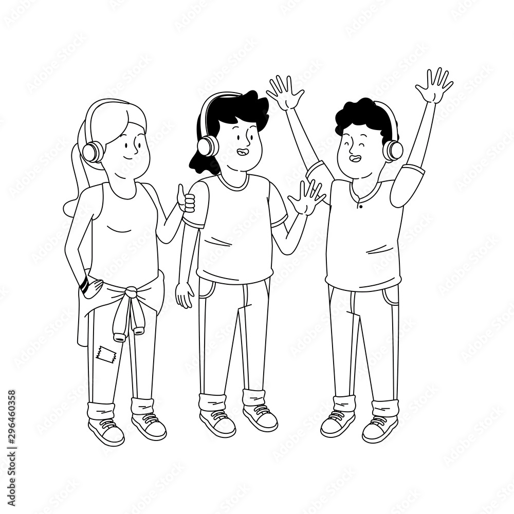 Teenager friends with headphones design Teenager friends with headphones design