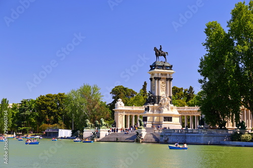 The monument to Alfonso XII in the Buen Retiro Park (Estanque grande del Retiro) sunny morning in Madrid, Spain
