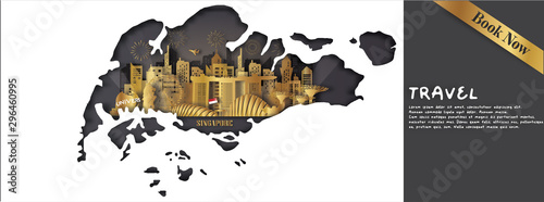 Singapore Travel postcard panorama, poster, tour advertising of world famous landmarks