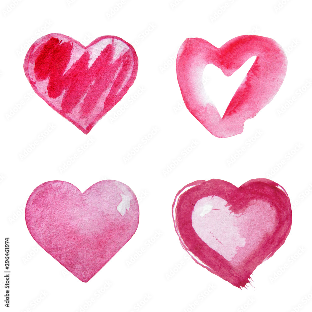 Watercolor set of hearts isolated on white background.