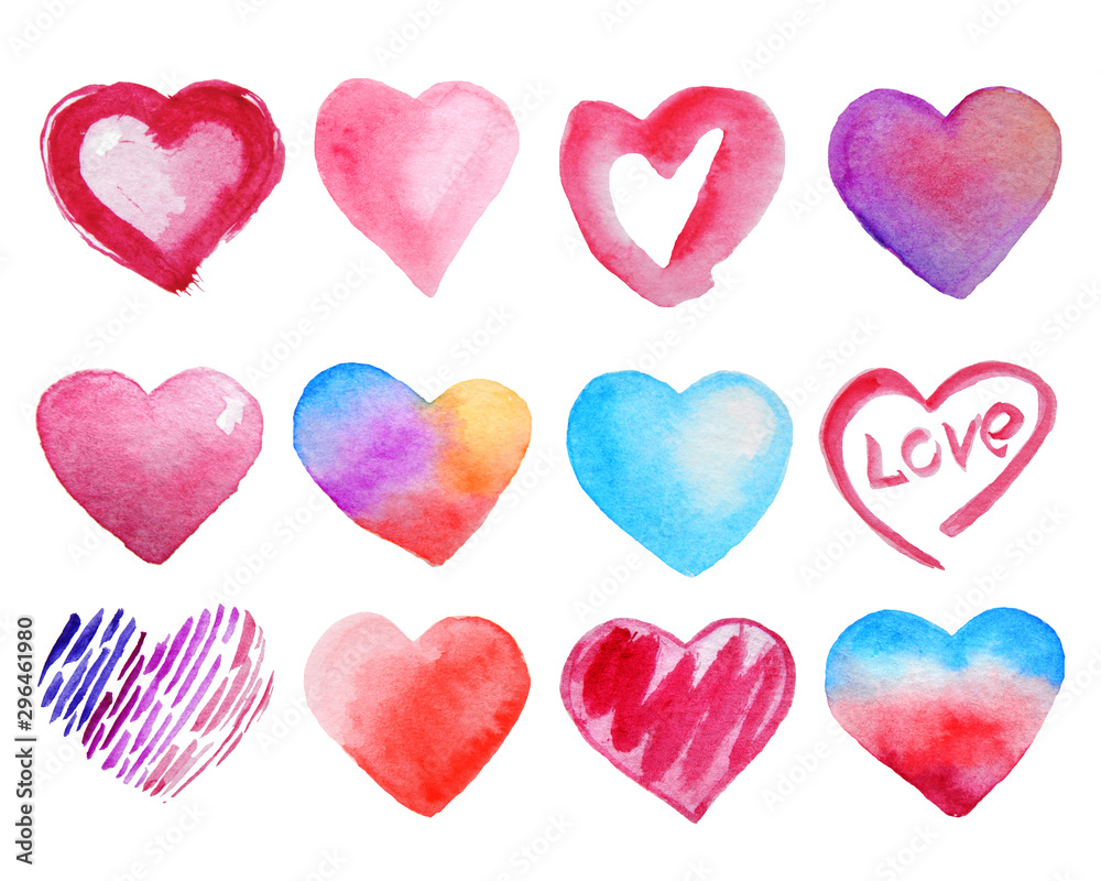 Watercolor set of hearts isolated on white background.