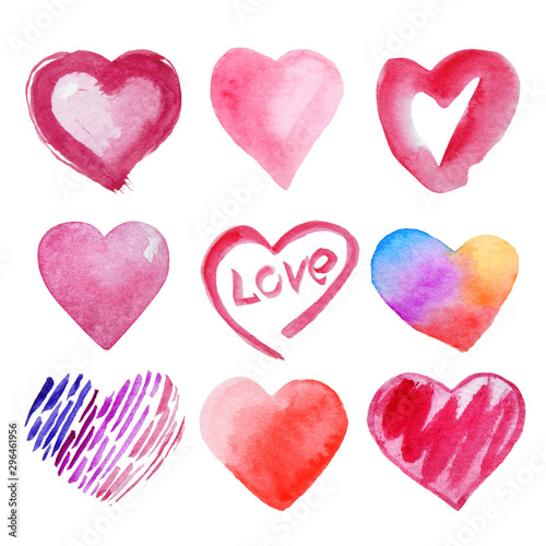 Watercolor set of hearts isolated on white background. Hand drawn illustration. Decor for Valentine's day card