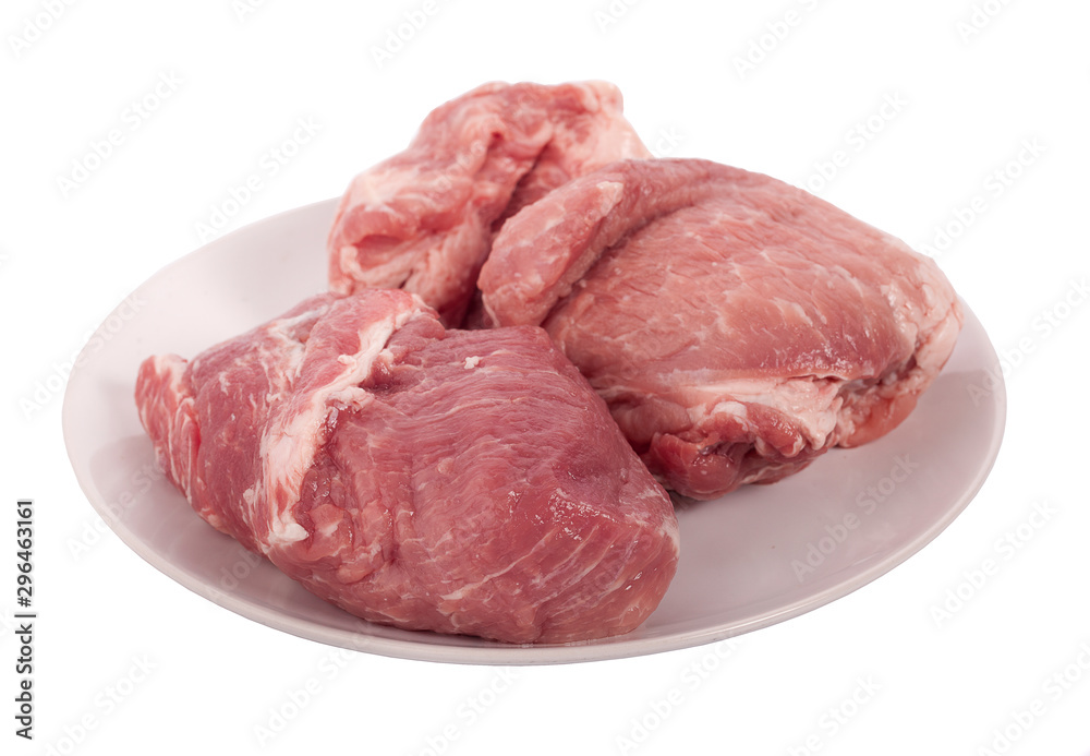 Fresh raw beef meat slices isolated over white background Fresh raw beef meat slices isolated over white background