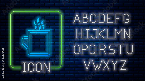 Glowing neon Coffee cup flat icon isolated on brick wall background. Tea cup. Hot drink coffee. Neon light alphabet. Vector Illustration