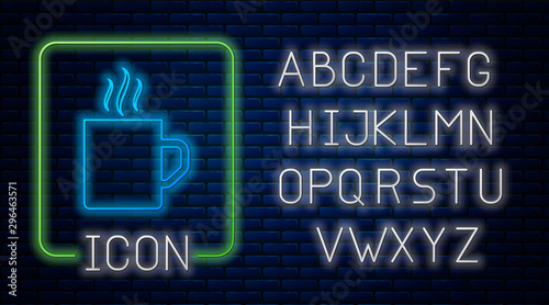 Glowing neon Coffee cup flat icon isolated on brick wall background. Tea cup. Hot drink coffee. Neon light alphabet. Vector Illustration