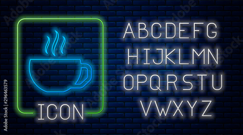 Glowing neon Coffee cup flat icon isolated on brick wall background. Tea cup. Hot drink coffee. Neon light alphabet. Vector Illustration