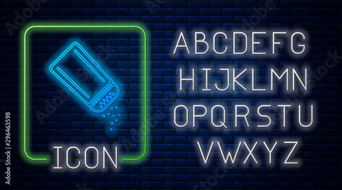 Glowing neon Salt and pepper icon isolated on brick wall background. Cooking spices. Neon light alphabet. Vector Illustration