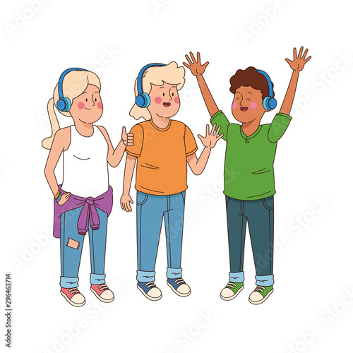 Teenager friends with headphones design