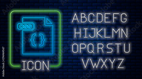 Glowing neon CSS file document. Download css button icon isolated on brick wall background. CSS file symbol. Neon light alphabet. Vector Illustration