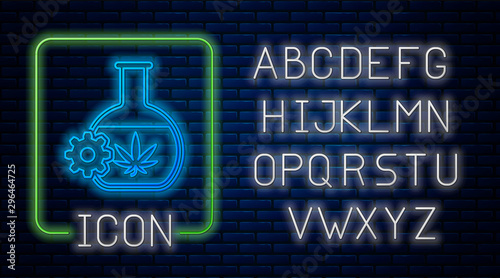 Glowing neon Chemical test tube with marijuana or cannabis leaf icon isolated on brick wall background. Research concept. Laboratory CBD oil concept. Neon light alphabet. Vector Illustration