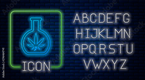 Glowing neon Chemical test tube with marijuana or cannabis leaf icon isolated on brick wall background. Research concept. Laboratory CBD oil concept. Neon light alphabet. Vector Illustration