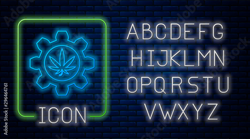 Glowing neon Chemical test tube with marijuana or cannabis leaf icon isolated on brick wall background. Research concept. Laboratory CBD oil concept. Neon light alphabet. Vector Illustration