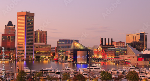 Colorful Baltimore skyline over the Inner Harbor at dusk  USA