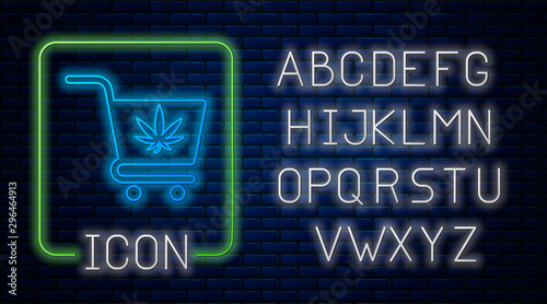 Glowing neon Shopping cart with marijuana or cannabis leaf icon isolated on brick wall background. Online buying. Delivery service. Supermarket basket. Neon light alphabet. Vector Illustration