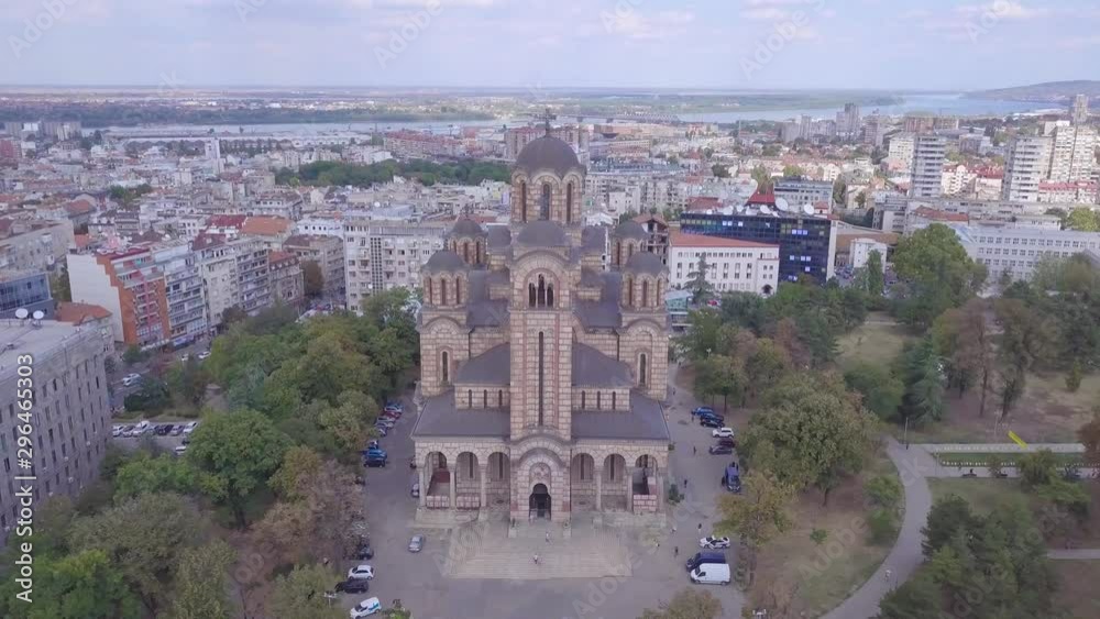Descending revealing 4k aerial shot of Belgrade panorama and St Mark Church Descending revealing 4k aerial shot of Belgrade panorama and St Mark Church