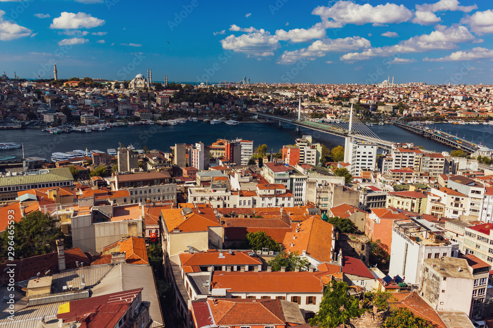 Aerial View from the Galata Tower of Golden Horn and the Halic metro bridge and Ataturk bridge on a cloudy day.
