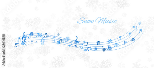 Christmas design element from flying lines, music notes and snowflakes. Winter holiday decoration on the light background from snow.