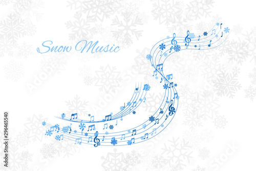 Christmas design element form  flying lines, music notes and snowflakes. Winter holiday decoration on the light background from snow.