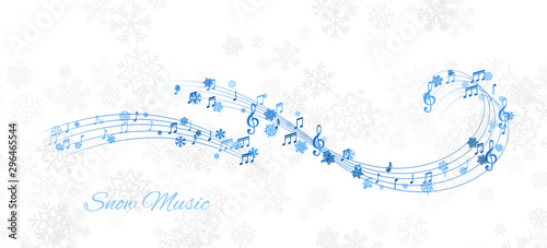 Christmas design element from flying lines, music notes and snowflakes. Winter holiday decoration on the light background from snow.