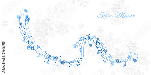 Christmas design element from  flying lines, music notes and snowflakes. Winter holiday decoration on the light background from snow.