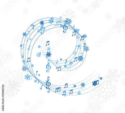 Christmas design element from  flying lines, music notes and snowflakes. Winter holiday decoration on the light background from snow.
