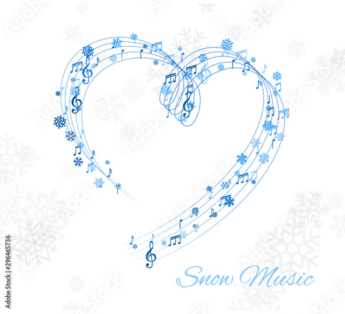 Christmas design element form  flying lines, music notes and snowflakes. Winter holiday decoration on the light background from snow.
