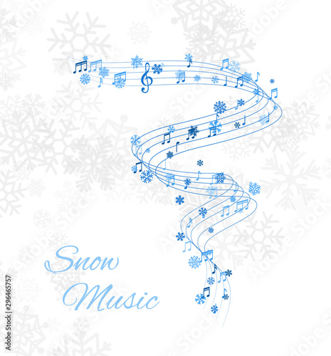 Christmas design element from flying lines, music notes and snowflakes. Winter holiday decoration on the light background from snow.