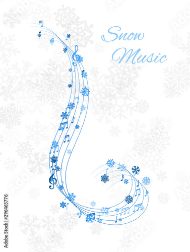Christmas design element from flying lines, music notes and snowflakes. Winter holiday decoration on the light background from snow.