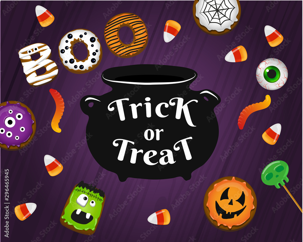 Trick or treat vector illustration. Halloween traditional elements, texts and realistic sweets for greeting card, invitations, poster, web banner, flyer design. Trick or treat vector illustration. Halloween traditional elements, texts and realistic sweets for greeting card, invitations, poster, web banner, flyer design.