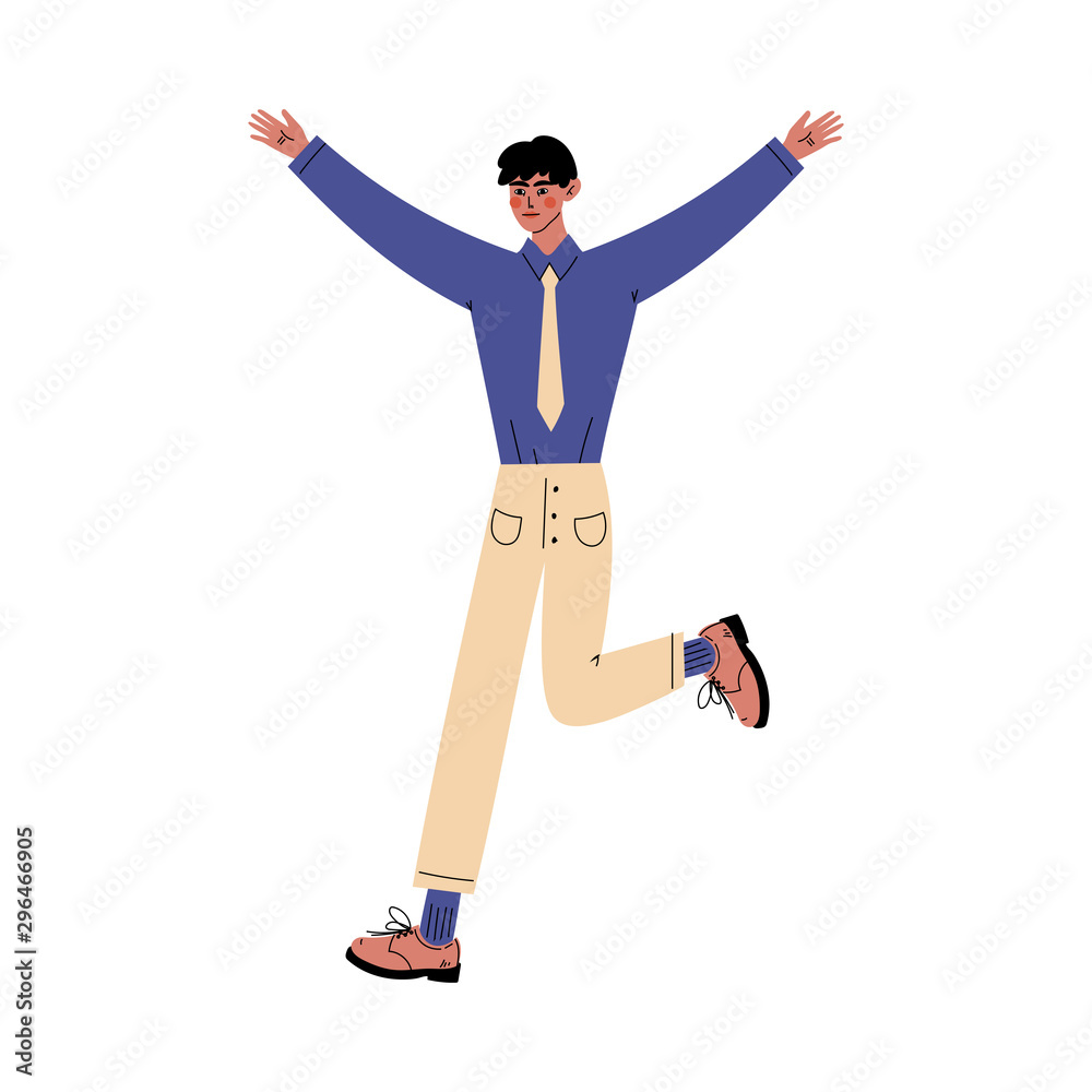 Guy stands raising his hands ang leg up cartoon vector illustration
