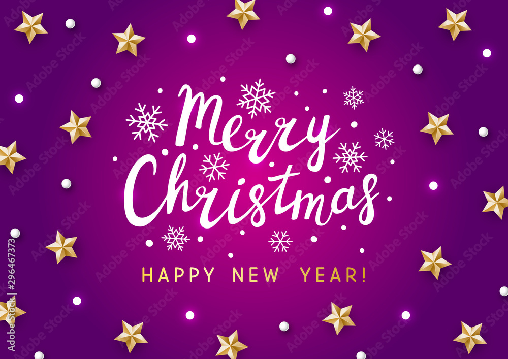 Christmas greeting card with golden stars decor on violet background for winter holiday design