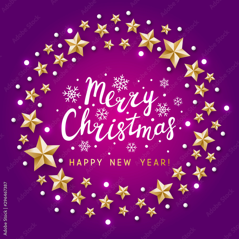 Christmas greeting card with golden stars decor on violet background - vector round frame for winter holiday design