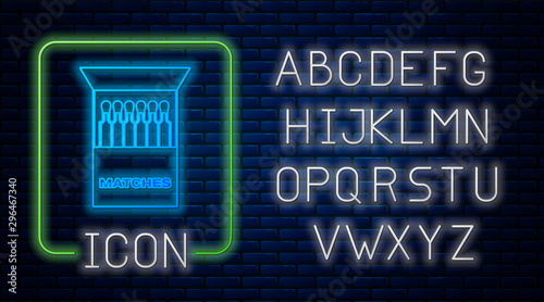 Glowing neon Open matchbox and matches icon isolated on brick wall background. Neon light alphabet. Vector Illustration