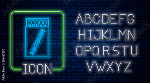Glowing neon Open matchbox and matches icon isolated on brick wall background. Neon light alphabet. Vector Illustration