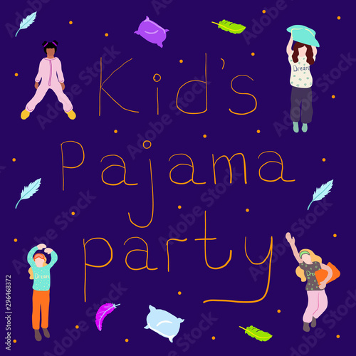 Young happy kids in pajamas with pillows. text pajama party. concept for pajama party or sleepovers. Colorful vector illustration. isolated girls figures on blue background 