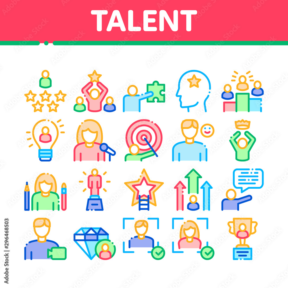 Human Talent Collection Elements Icons Set Vector Thin Line. Idea And Target, Diamond And Star, Signer, Speaker And Actor Talent Concept Linear Pictograms. Monochrome Contour Illustrations