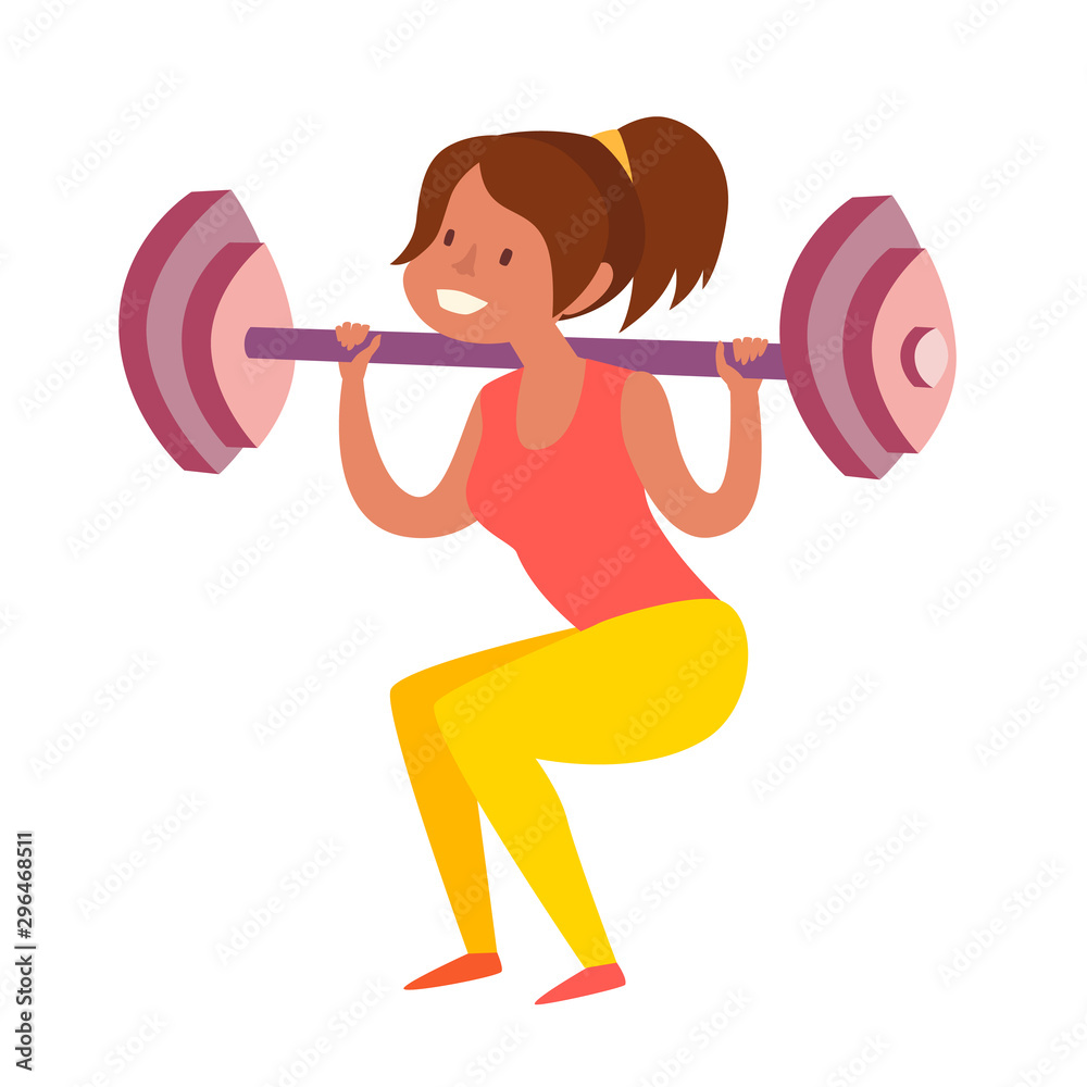 Obraz premium Woman with dumbbells squats. Weight loss healthy lifestyle concept. Isolated vector illustration on white background