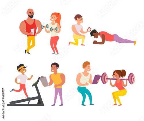 Coach and man. A woman in the gym doing exercises with a coach. Training in the gym concept illustration. Weight loss healthy lifestyle concept. Isolated vector illustration on white background