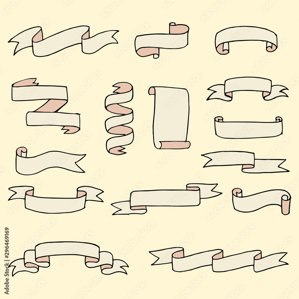 set of hand drawn vector doodle ribbon banner illustrations