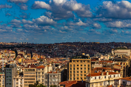 Aerial View from the Galata Tower to rows of residential buildings in a district on a bright cloudy day with vintage look on the image.