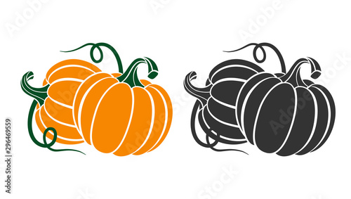 Pumpkins with leaves, silhouette on white background.