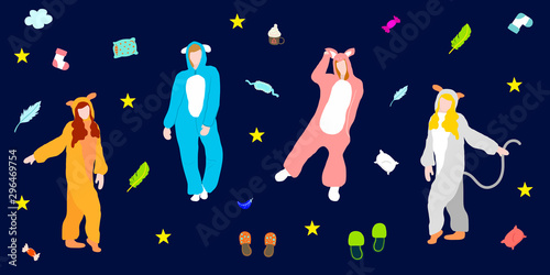 happy girls in pajamas, different animals costumes