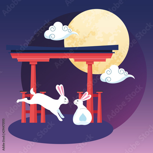 red chinese gate and rabbits, Happy mid autumn festival design