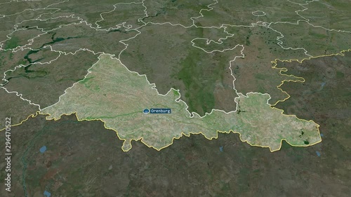 Orenburg - region of Russia (territory after annexation of Crimea in 2014) with its capital zoomed on the satellite map of the globe. Animation 3D photo