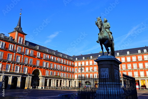 Plaza Mayor with statue of King Philips III in the City of Madrid, Spain