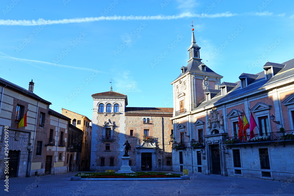 The Old Town Hall (Casa de la Villa) and the House of Cisneros (Casa de Cisneros) at Plaza de La Villa in Madrid, Spain