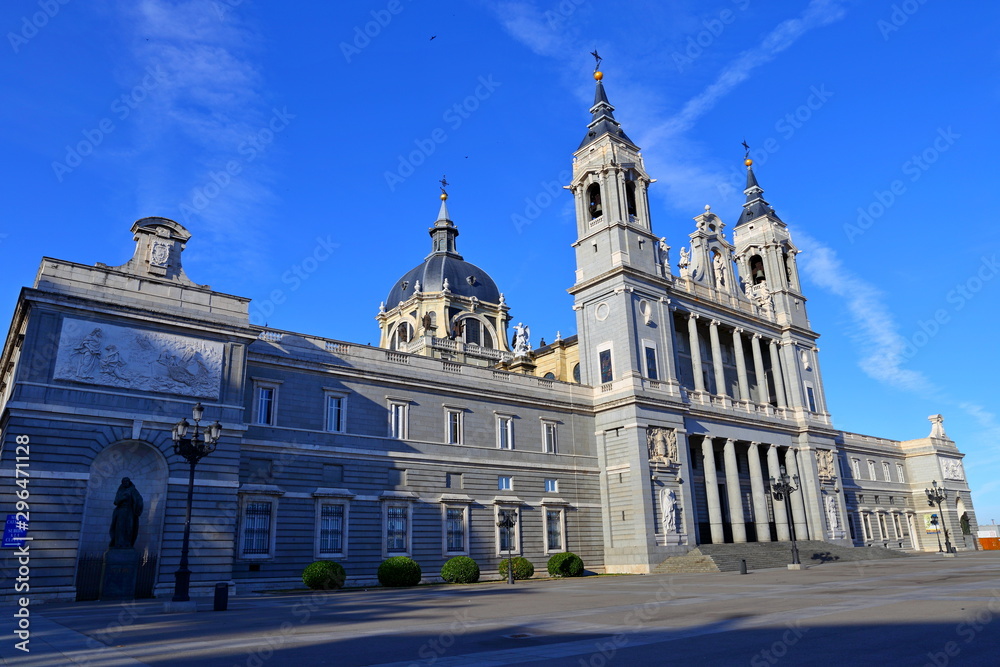 Almudena Cathedral (Catedral de Santa Maria la Real de la Almudenaon) on the other side of the Royal Palace in Madrid, Spain.