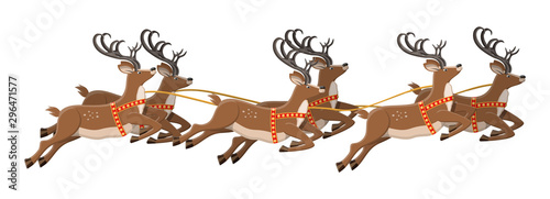 Cute jumping deer with antlers. Herd of reindeers. Happy new year decoration. Merry christmas holiday. New year and xmas celebration. Vector illustration in flat style